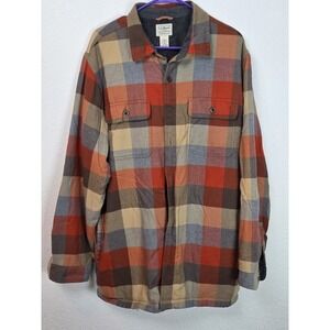 LL Bean Shirt Mens L Tall Beige Plaid Sherpa Lined Shacket Casual Traditional